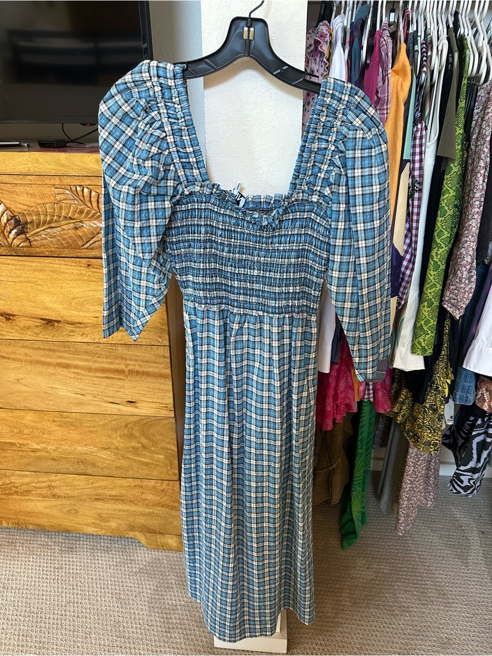 Ganni Blue Plaid Smocked Midi Dress with Puff Sleeves